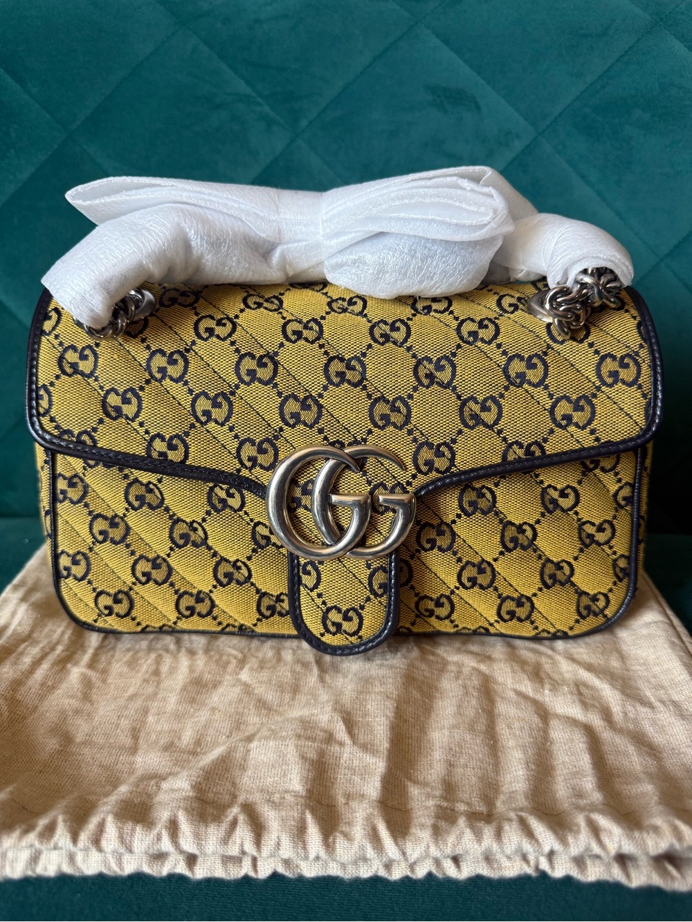 Gucci Yellow GG Canvas Shoulder Bag with Double G Hardware